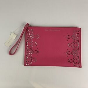 New York & Company Bright Pink w/ Silver Laser Cut Inlay Wristlet Clutch Purse
